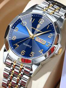 POEDAGAR 1件装休闲男士不锈钢石英腕表，防水，夜光，双日期显示，时尚男士腕表，适合日常佩戴，情人节礼物 - 均碼 - 查看 11