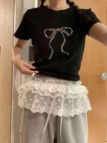 1pc Women's Plain Elegant Daily Lace Decor Pleated Aline Skirt