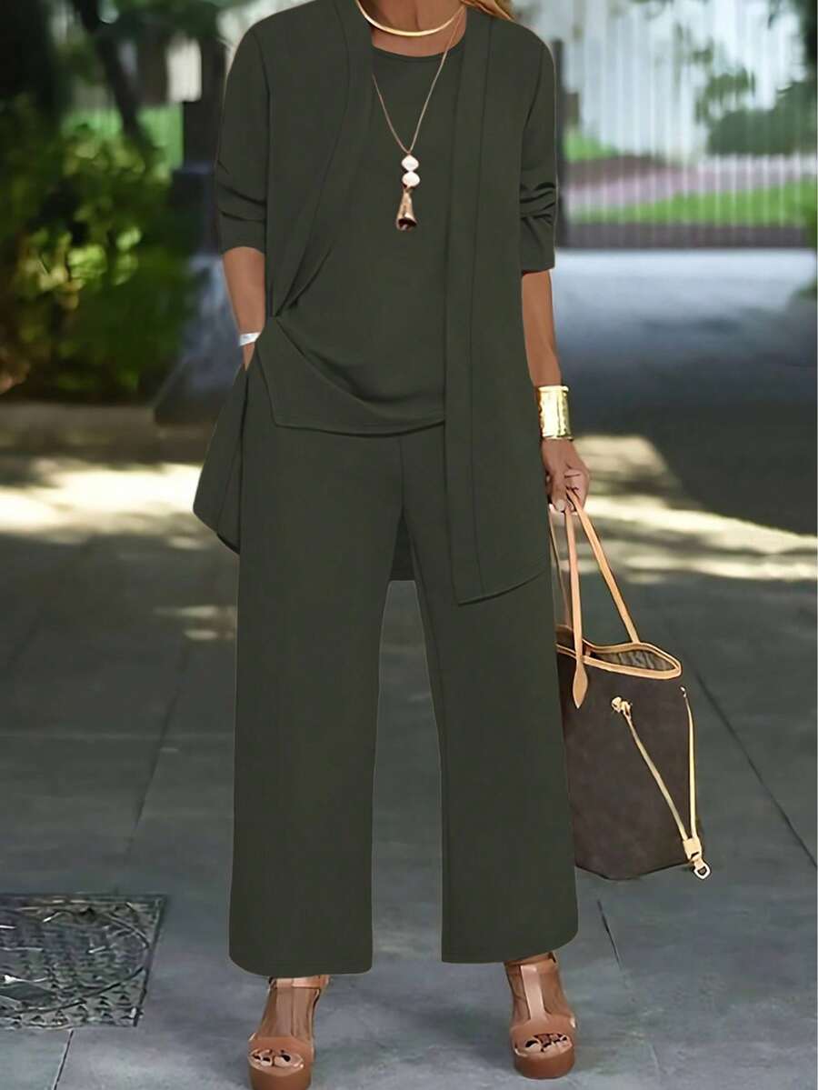 女士休闲纯色三件套：外套/开衫 + 圆领无袖上衣 + 松紧腰直筒裤，柔软弹力面料，宽松舒适，适合春/秋/冬穿着。 - 灰綠色 - 查看 1