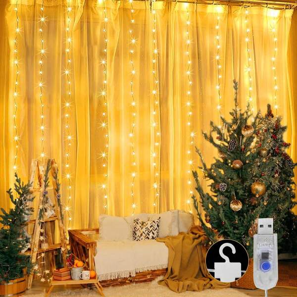 Cortina de luz de hadas para dormitorio con ganchos, 300 LED 3m x 3m con enchufe USB, 8 modos de luces de hadas para boda, fiesta, hogar, jardín, interior, exterior, decoración de ventanas y paredes, blanco cálido