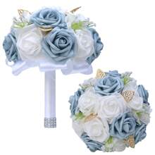 1 Stück eleganter blauer Rosenstrauß mit Satinband, Mori Stil Goldblatt Braut Brautjungfer Hochzeit Künstliche PE Schaum Rose Blumenstrauß PE407E