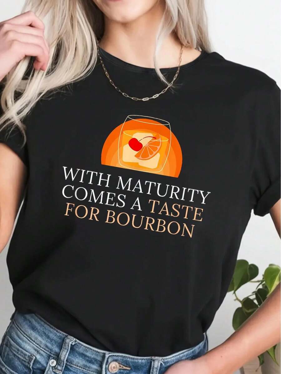 Camiseta de mujer de manga corta informal con gráfico de bebedores maduros y sofisticados de cócteles de whisky Bourbon, camiseta de cuello redondo de algodón para mujer, ropa de verano - Negro - Ver 1