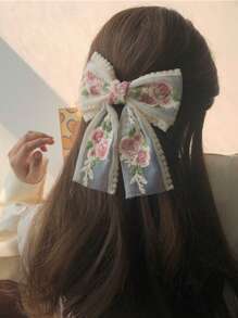 1pc Women's Embroidered Floral Ribbons Big Bow Hair Clip, French Lace Flower Hair Accessory
