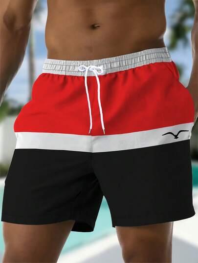 Shorts de verano para hombres con estampado gráfico, cintura con cordón, bolsillos en ángulo, tejido hawaiano de secado rápido con forro de malla, estampado de color block con gaviotas 3D, estilo casual de playa y vacaciones de moda, longitud 3/4