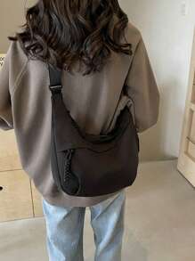 lulu kewen Fashionable Color Nylon Waterproof Shoulder Bag With Simple & Casual College Style, Wide Strap, Multiple Zipper Design Suitable For Students, Shopping, Daily Use, Shoulder Bag For School, Street & Japanese Bag For Women