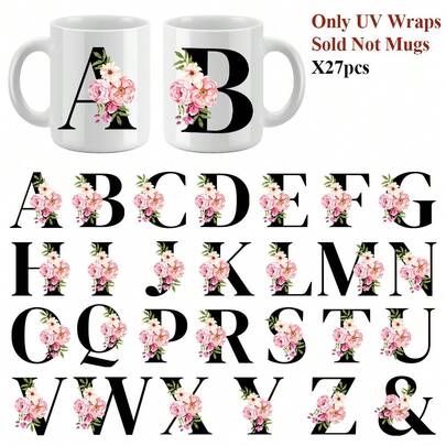 27 Stücke UV DTF Rosig-dunkel Blumen Buchstaben Becher Aufkleber, wasserfeste selbstklebende Abziehbilder für 16 Unzen Becher, DIY Bastelzubehör für Holz, Plastik, Glas, Metall, Keramikoberflächen - gemischte Farben, Einmalverwendung