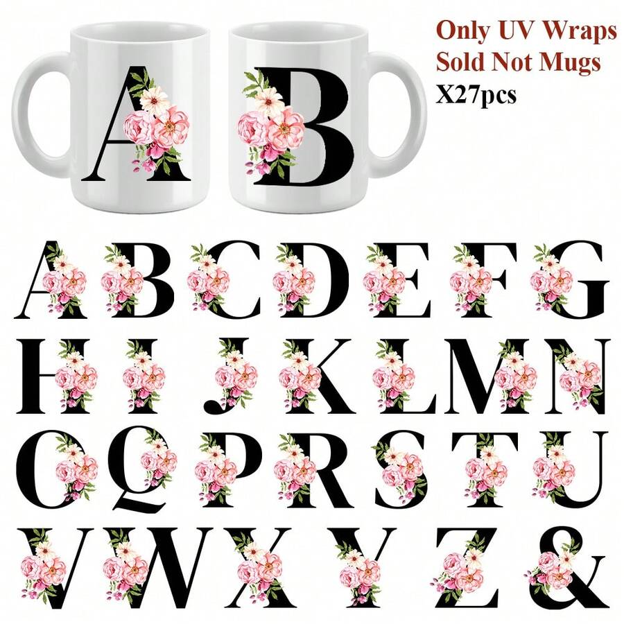 27pcs UV DTF Dusty Rose Floral Alphabet Cup Wraps Stickers, Waterproof Self-Adhesive Decals For 16 Oz Cups, DIY Craft Supplies For Wood, Plastic, Glass, Metal, Ceramic Surfaces - Mixed Color, Single Use - Baby Blue - View 1