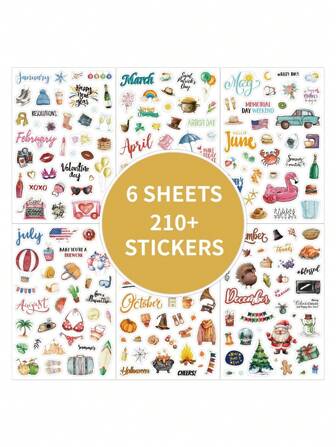 210 stuks schattige stickers voor de feestdagen en seizoenen, ideaal voor dagelijkse planning, maandelijkse vieringen, kalenderorganisatie, plakboeken en algemeen activiteitenbeheer, schoolbenodigdheden, terug naar school