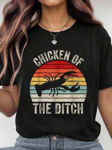 100% Cotton Vintage Retro Chicken Of The Ditch Cajun Crawfish T-Shirt Women's Men's Graphic Tee Casual Tops - màu đen - Xem 1