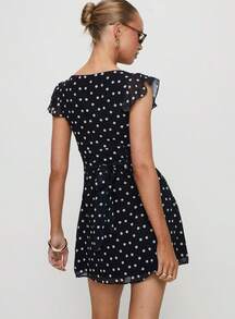 Women Summer Dot Print V Neck Flying Sleeve A-Line Mini Dress Sundress - 黑色 - 查看 3