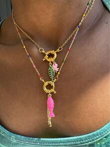 Collar con colgante de acero inoxidable con diseño de pulpo colorido, espina de pescado y goteo de aceite como joya de regalo para mujeres en viaje - collar - Ver 5