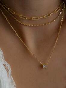 2pcs Stainless Steel Rhinestone Pendant Necklaces, Minimalist Design Double Layer Chain Necklace, Versatile Gift For Girls/Women - Gold - View 1