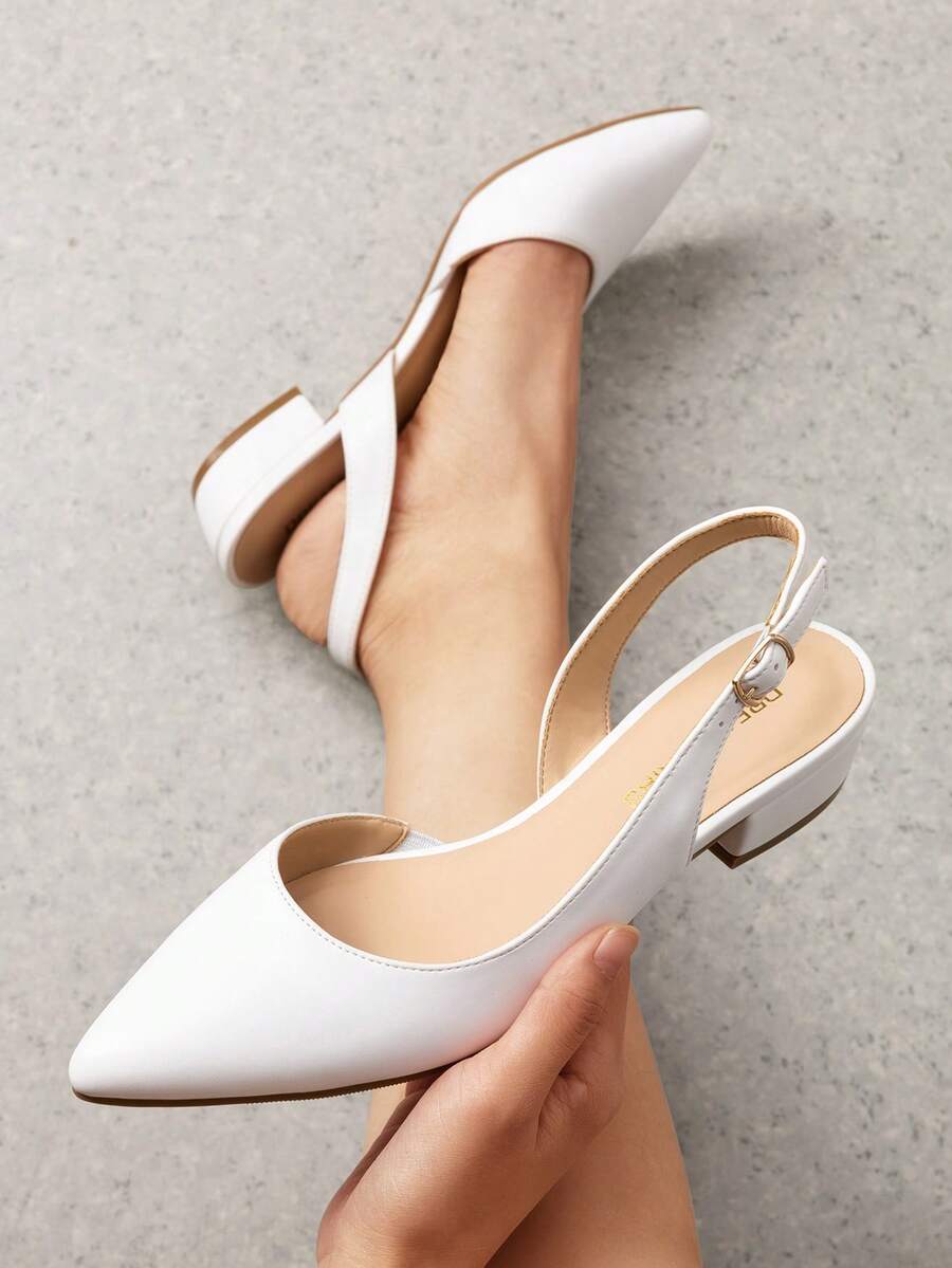 Womens Slingback Kitten Low Block Heels Pumps Closed Pointed Toe  Elegant Comfortable Dressy Pumps Wedding Casual Dress Shoes - 白色 - 查看 1