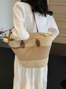 Straw Tote Bag Large Capacity Straw Bag Women's Handbag 2025 New Fashion Versatile Commute Shoulder Bag Beach Bag Travel Holiday Beach Straw Tote Bag Striped Woven Women Bag