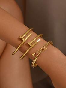 1/3 chiếc Bộ vòng tay thời trang bằng thép không gỉ màu vàng, Móng tay cỏ bốn lá, Móng tay hình trái tim, Vòng tay thời trang và thanh lịch dành cho phụ nữ để đeo hàng ngày, Vòng tay đính kim cương, Vòng tay đính móng tay - Nhiều màu - Xem 3