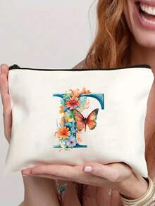 26 Letter & Floral Canvas Zipper Pouch - Lightweight Foldable Makeup Bag, Washable White Cosmetic Pencil Case, Suitable For Women, Mothers & Daughters - Perfect Gift For Graduation, Wedding, Holiday - Multicolor - View 12