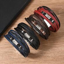 1pc Vintage PU Leather Braided Beaded Magnetic Clasp Bracelet For Men, Beaded Pattern Decor, Suitable For Daily Wear, Holiday Gift