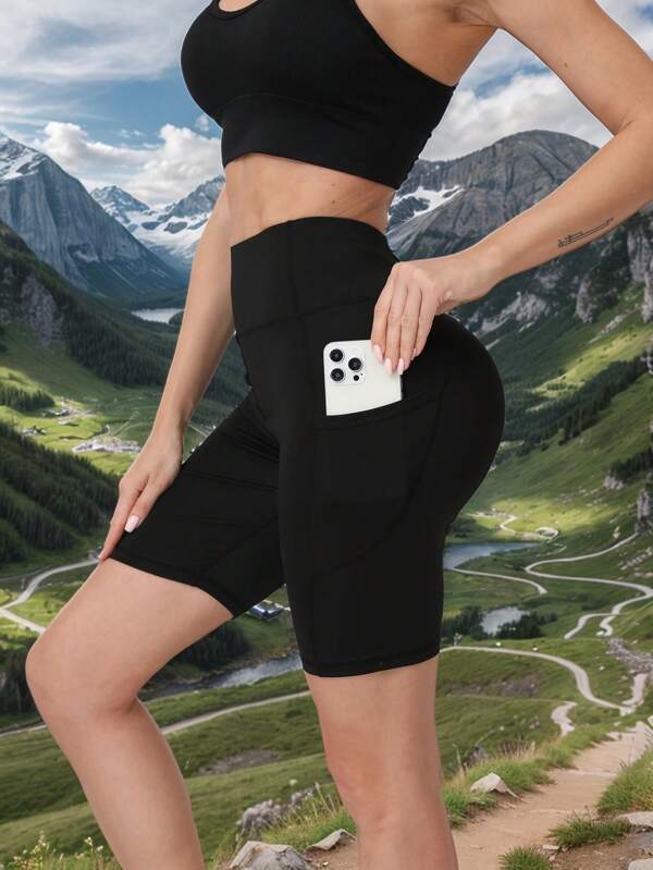 1 pieza Pantalón corto deportivo de cintura alta con compresión para mujer, de tela de jersey de poliéster, de secado rápido, elástico, de unicolor, con detalle de bolsillo, adecuado para entrenamiento, yoga, correr