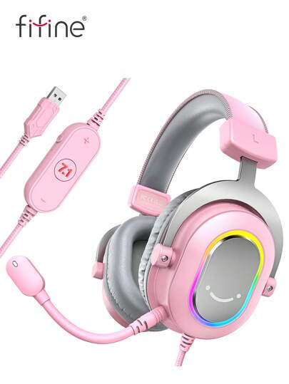 FIFINE USB RGB Gaming Headset With Microphone/Line-Control, 3EQ Options Over-Ear Headphones With 7.1 Surround Sound For PC, Streaming, Game Voice, Video, Movie, Music-FIFINE H6 Pink