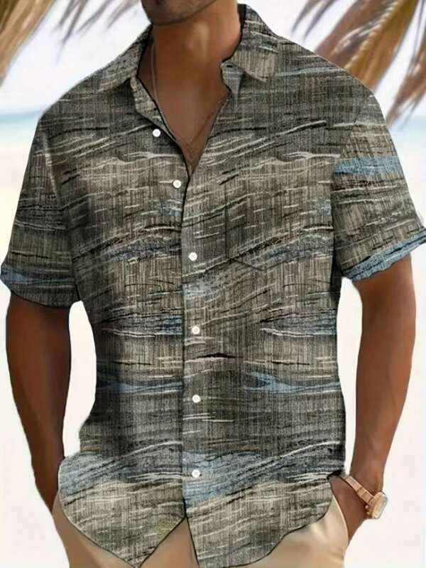 Plus Size Men's Allover Print Short Sleeve Single Breasted Casual Shirt, Summer