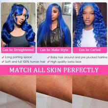 Blue Glueless 13x4 Pre Plucked Lace Front Human Hair Wigs Blue Colored Body Wave Wigs HD Transparent Lace Front Wig 100% Brazilian Human Hair Wigs For Women - Blue - View 6