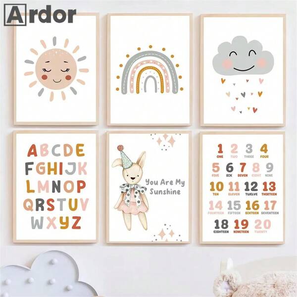 1 pièce/3 pièces Affiches artistiques murales sans cadre/avec cadre, arc-en-ciel moderne, nuage, soleil, lettres de l'alphabet, chiffres, affiches de dessins animés, peinture sur canevas, impressions artistiques murales nordiques, décoration murale pour bébé et chambre d'enfant