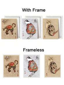 3pcs Japanese Style Wall Decor, Tattoo Cat Canvas Artwork Paintings, Ukiyo-E Print Posters, Wall Art, Classic Paintings, Decorative Artwork, Room Aesthetic, Home Decoration, Ideal Gift, For Living Room, Bedroom, Bathroom, Optional Frame ,Wall Art With Frame - 3Pcs/Set - View 4