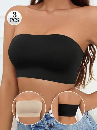 3pcs Seamless Strapless Tube Top Bras, Skin Color, Plunge Bra, Backless Bra