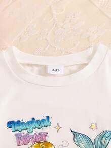 2 pièces/set Top à manches courtes avec imprimé princesse fantaisie et jolie jupe sirène en maille dégradée multicolore à écailles de poisson pour petites filles