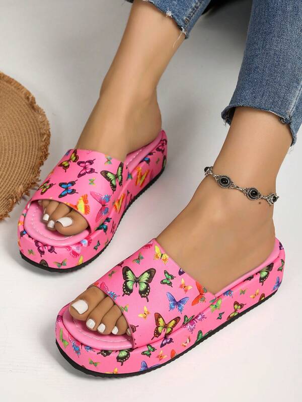 Sandalias de mujer de plataforma gruesa de estilo informal, nuevas para el verano de 2025, con estampado romántico de mariposas y dedos al aire