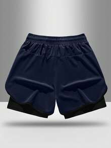 Pantalones cortos de deporte casual para hombre, pantalones de entrenamiento de seda de hielo de secado rápido forrados de fitness running - Azul - Ver 2