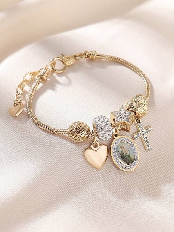 1 pieza Pulsera de cuentas DIY con cruz y corazón de la Virgen María y Jesús de acero inoxidable clásico, adecuado para mujer, oración, accesorio, regalo para amigos y familia