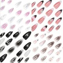 Instantly Upgrade Your Look With 96pcs/4pcs Set Personality Vintage Street Classic Goth Style Black White French Style Crocodile Stripes&3D Metal Silver Star ,Heart , Bow-Knot Decot&3D Butterfly Pattern, Irregular Y2K Flame Graffiti Purple Blush Medium Almond Fake Press On Nail Kit,Suitable For Punk Girls To Use In Daily Life,Will Give You Look A Cool