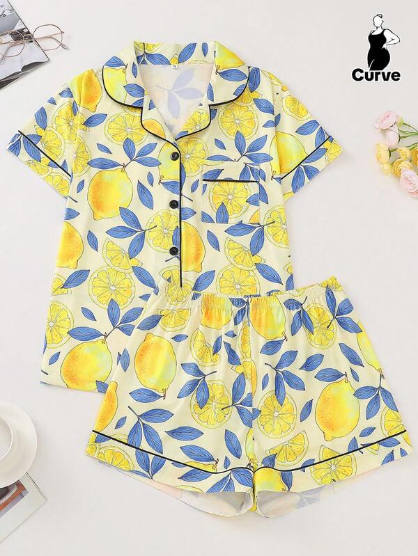 2pcs/Set Cute Lemon Print Bow Decor Plus Size Ladies Pajama Set, Includes Short Sleeve Shirt With Collar & Button, Soft Fabric & Elastic Waist Shorts, Fashionable Sleepwear For Everyday, Parties, Home & Outdoor Casual Wear