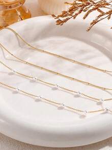 两件套简约优雅仿珍珠腰链项链套装，女士夏季礼物 - 金黃色 - 查看 3