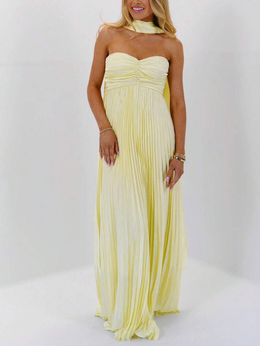 Women Solid Color Formal Strapless Dress Sexy Backless Maxi Long Dresses Y2K Sleeveless Cocktail Ruffle Flowy Tube Dresses With Neck Scarf Summer Sundress - 淡黃色 - 查看 1