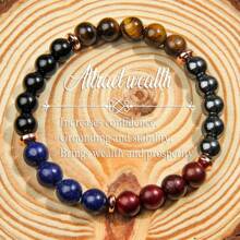 Bracelet de richesse et de prospérité fait main de 8 mm, œil de tigre et agate bleue - bijou en perles de bois naturel, convient aux hommes et aux femmes