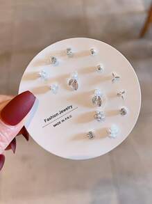 14pcs/Set Cute Faux Pearl, Glass, Rhinestone Butterfly, Pentagon, Star Shaped Earring Set, Suitable For Women, Daily Wear And Gift