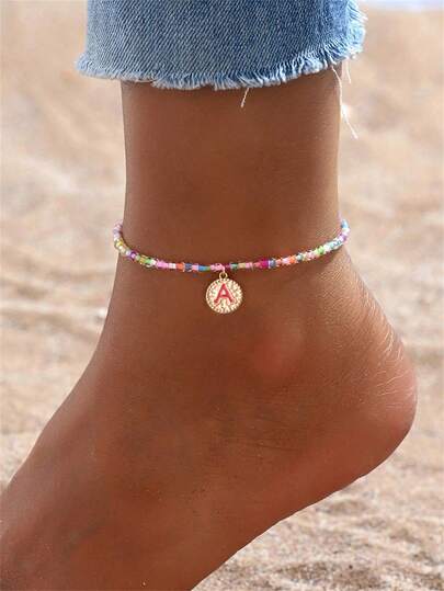 1 Pieza Tobillera elástica elegante y colorida con iniciales de cuentas para niñas, innovadora y linda tobillera colorida de 26 letras con colgante de color rosa, adecuada para regalar a buenas amigas