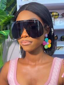 1 Pair Extra Large One-Piece Metal Fashion Glasses, Brown Frame, Retro High-End, Customizable, Suitable For Men And Women, Ideal For Daily Wear, Street Photography, Vacation, Travel, Beach And Other Occasions. - Black - View 4