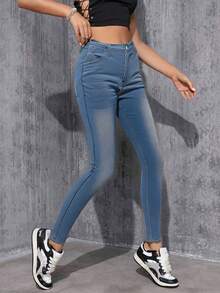 Azul Claro Y Azul Grisáceo Vaqueros de Mezclilla Stretch, Efecto Push Up y Tiro Alto Moldeador de Cintura - Azul - Ver 4