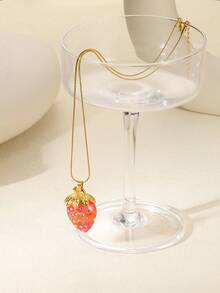 Strawberry Necklace For Women Cute Kawaii Red Pink Yellow Strawberry Pendant Necklace Stainless Steel Pendant Necklace 3D Lifelike Fruits Necklace Simulated Strawberry Necklace Fruity Jewellery ﻿ - Yellow Gold - View 6