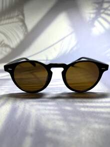 1pc Men's Retro Rivet Small Square Round Nerd Fashion Glasses, Suitable For College Style, Vintage Neutral Style, Fashionable Street Photography, Vacation, Daily Commute, Polycarbonate Lens, Fashion Glasses (With Glasses Strap) - Gọng đen/ tròng kính màu nâu sẫm - Xem 5