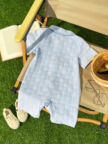 Infant/Toddler Boys' Casual Solid Blue Short Sleeve Romper, Baby Boys' Outdoor Outfit