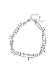 波西米亚风彩色流苏不锈钢沙滩脚链，18K 镀金防褪色防水双层链脚链，海滩度假珠宝配饰，送给母亲/挚友的完美礼物 - 不銹鋼 - 查看 14