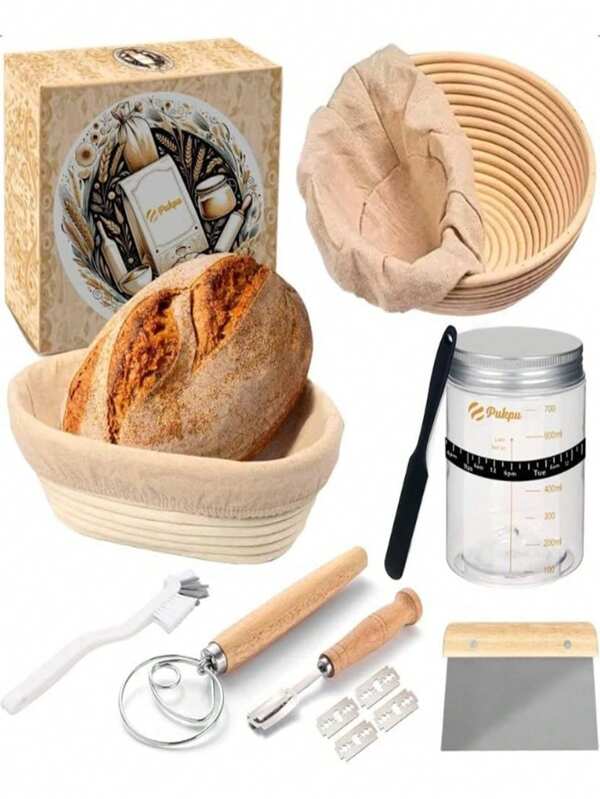 8 Stück Bäcker Set, Brotgärkörbe, Brotgärkörbchen, ovale Brotgärkörbchen mit Gäreinlage, natürliche Rattanschüssel zum Gären von Sauerteigbrotteig zum Brotbacken, Backwerkzeuge, Küchenutensilien, Küchenausstattung, Bäckerei-Set