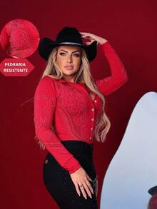 Body Brilho Country Manga Longa strass Pedraria com Botão Funcional Boiadeira Rodeio