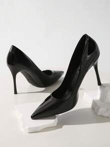 2025 秋冬女士黑色漆皮尖头一脚蹬性感派对俱乐部装 4 英寸高跟鞋，优雅 - 黑色 - 查看 4