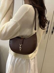 1pc Zipper Closure Solid PU Crescent Shaped Shoulder Bag, Vintage Style Suitable For Office Lady And Daily Work - Coffee - View 6