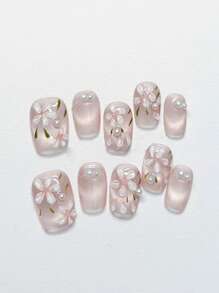 10pcs Hand-Painted 3D Flower Style Pearl Decorated Elegant Cat Eye Nail Tips, Pastel Pink Handcrafted Premium Nail Art, Spring/Summer